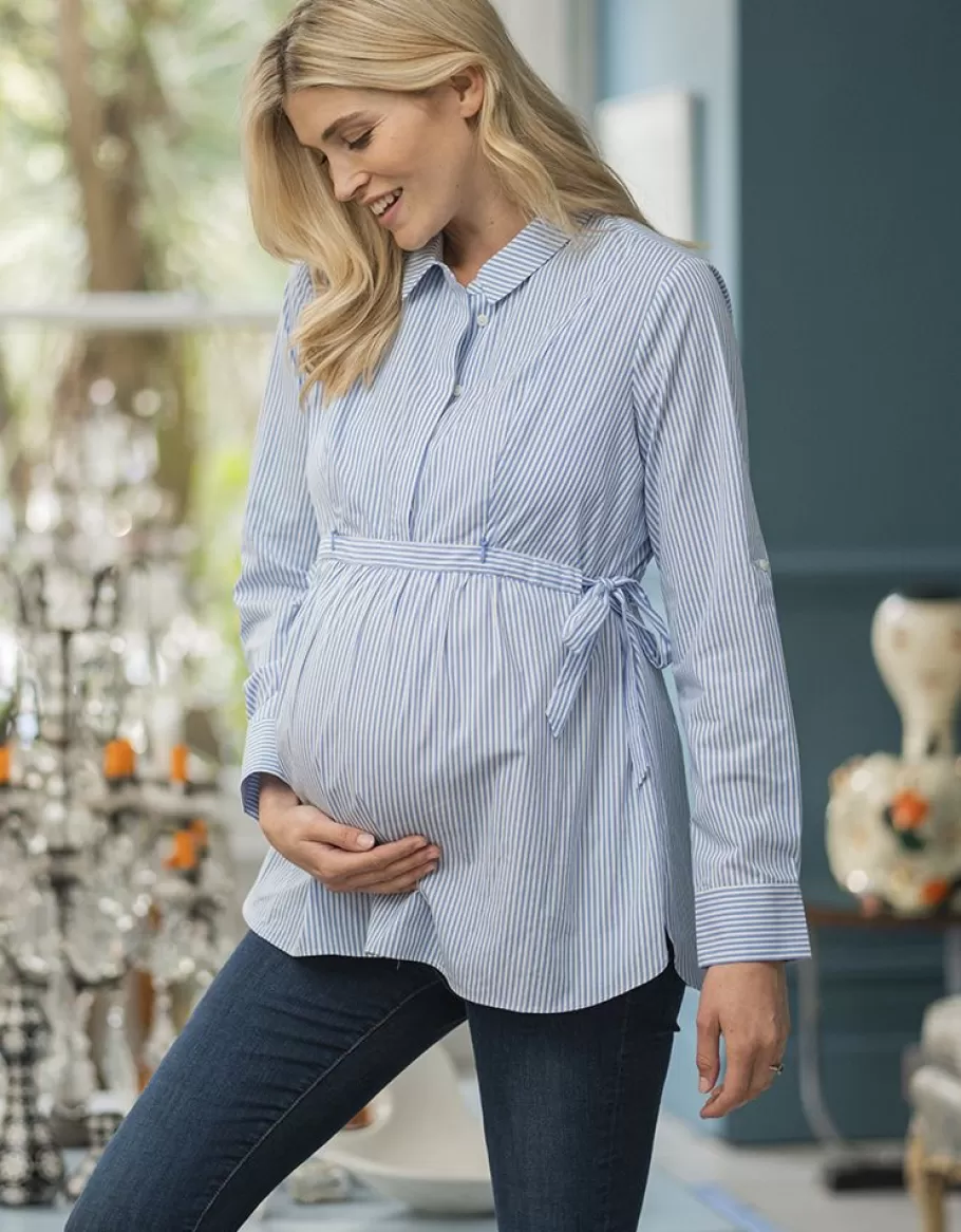 Shop Seraphine Camisa Premama A Lactancia A Rayas Azules Y Blancas Con Lazo Lateral