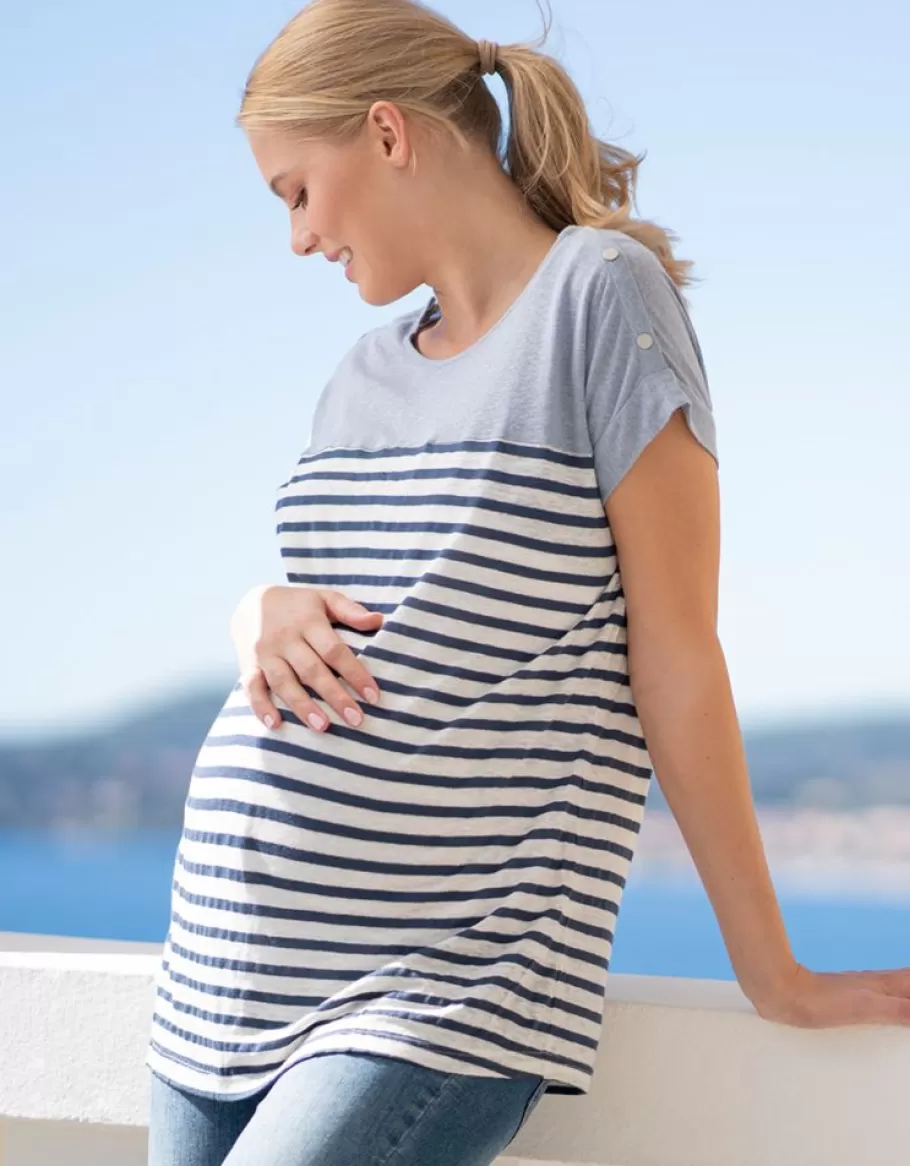 Online Seraphine Camiseta De Mezcla De Lino A Rayas De Maternidad A Lactancia - Azul Y Blanco