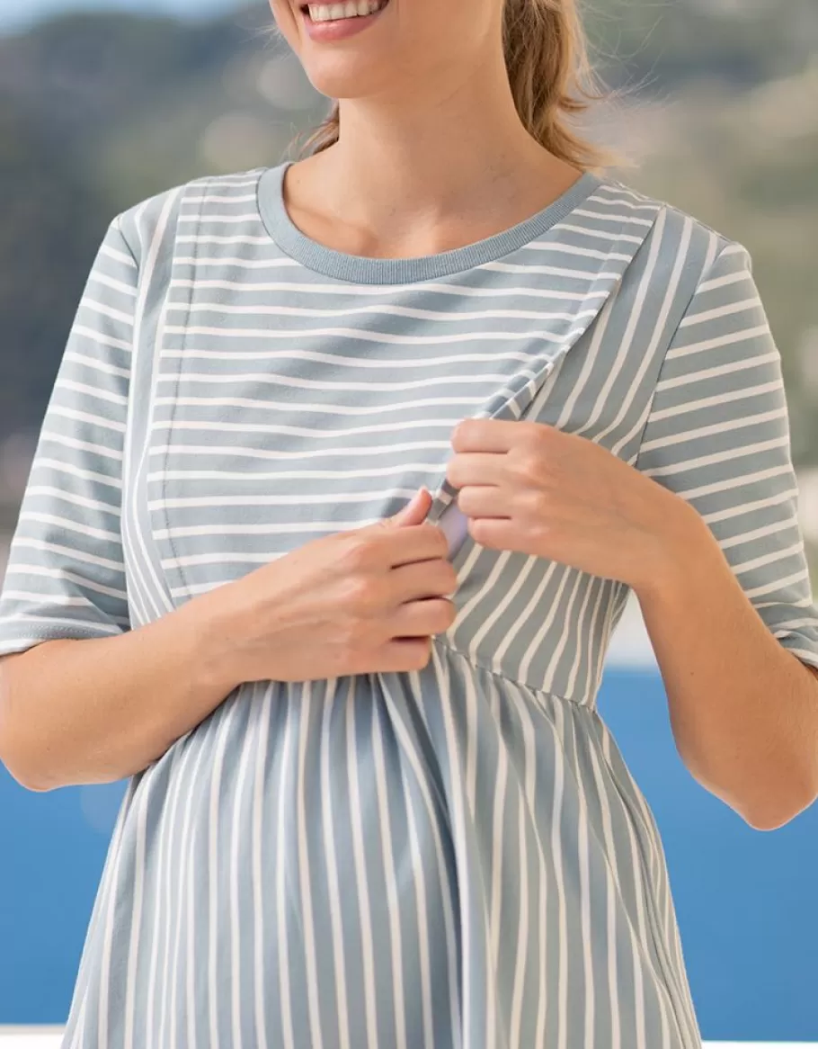 Fashion Seraphine Camiseta Premama A Lactancia Ajustada Con Rayas Blancas Y Verde Salvia