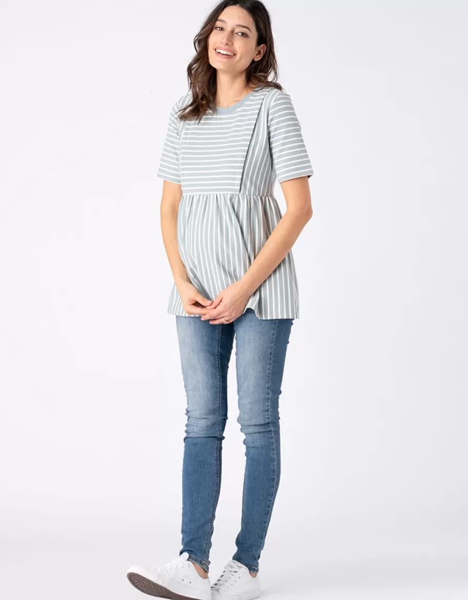 Fashion Seraphine Camiseta Premama A Lactancia Ajustada Con Rayas Blancas Y Verde Salvia