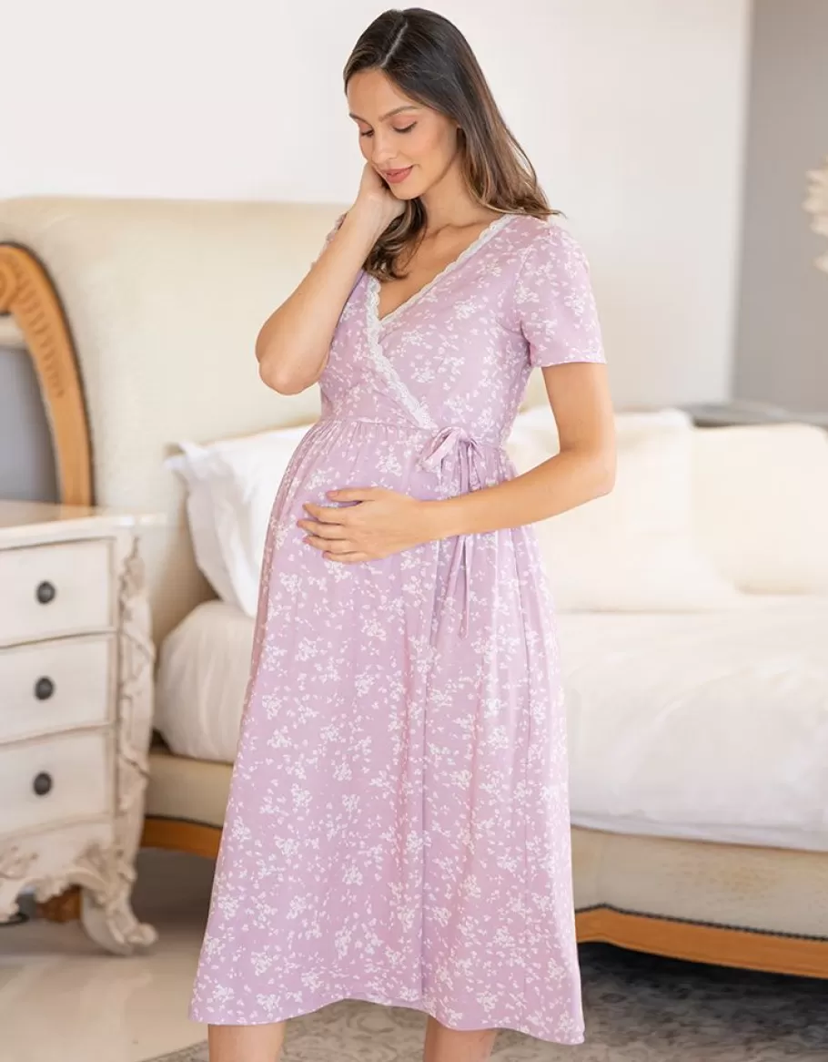 Shop Seraphine Camison Cruzado Premama A Lactancia Con Estampado Floral Lila Y Ribete De Encaje