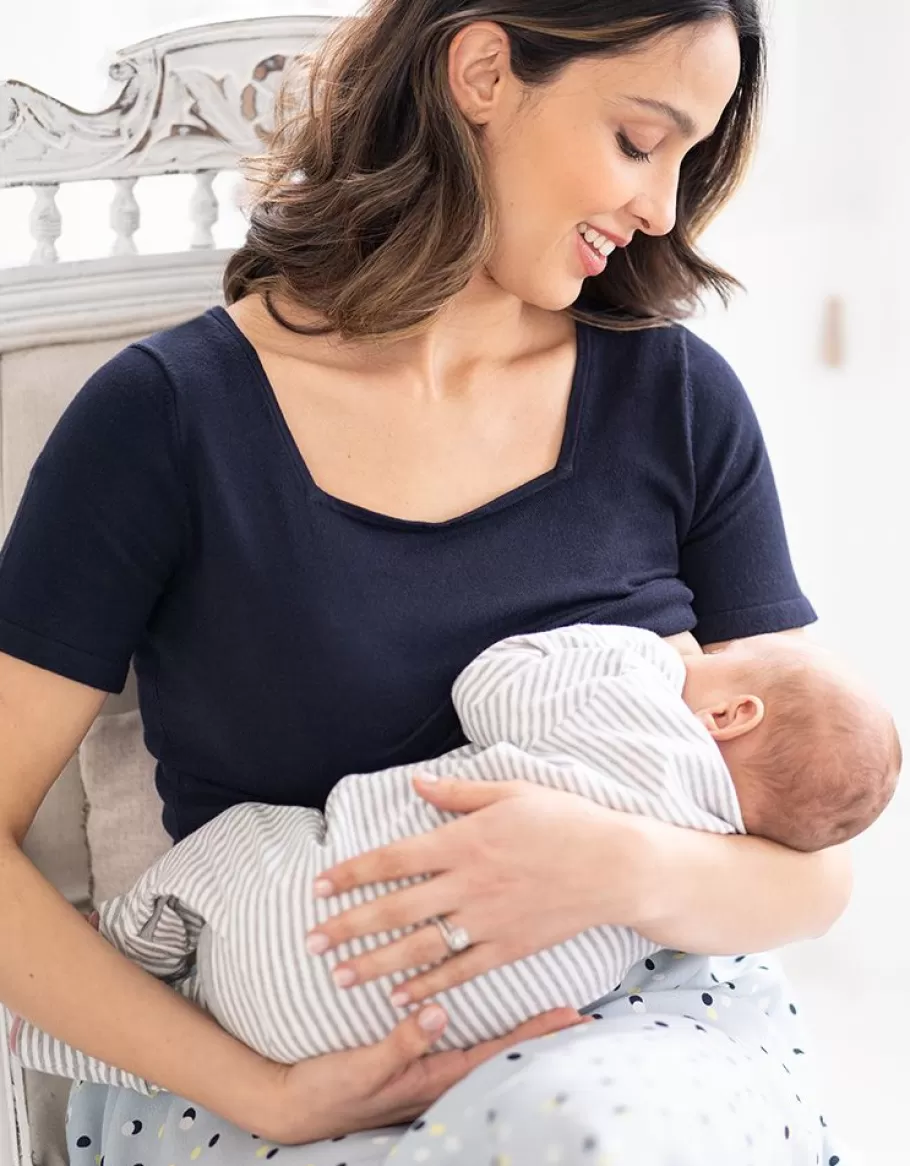 Flash Sale Seraphine Vestido A Media Pierna Con Parte Superior De Maternidad A Lactancia Con Estampado De Lunares Azules