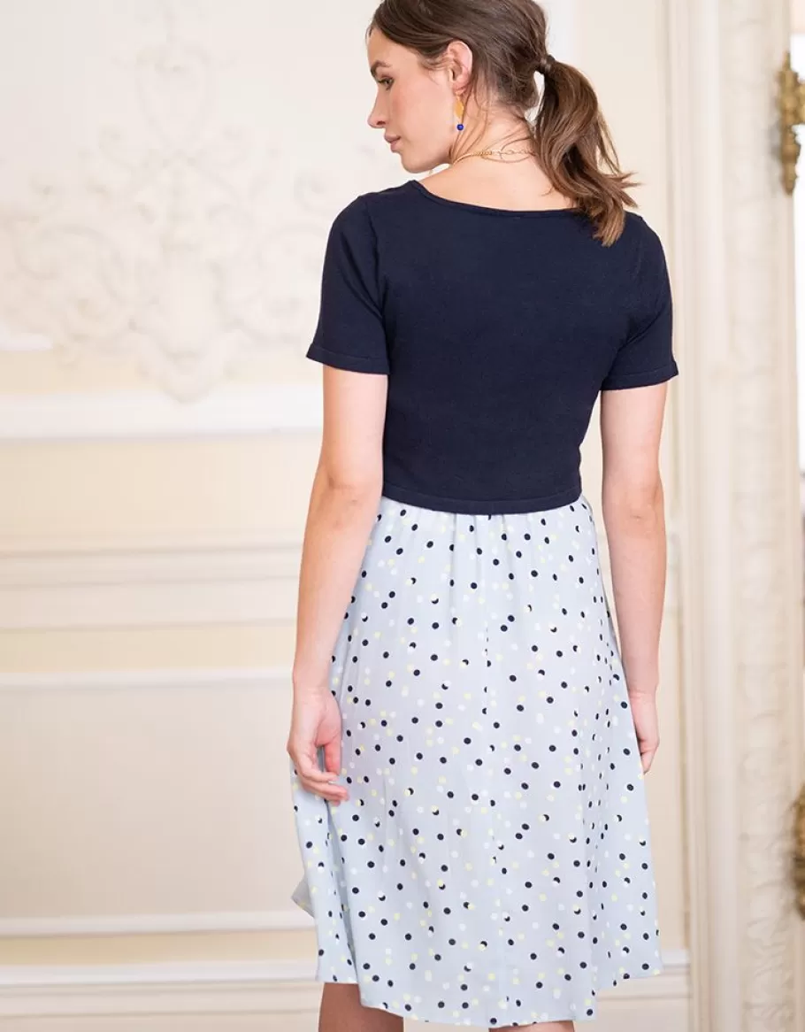 Flash Sale Seraphine Vestido A Media Pierna Con Parte Superior De Maternidad A Lactancia Con Estampado De Lunares Azules