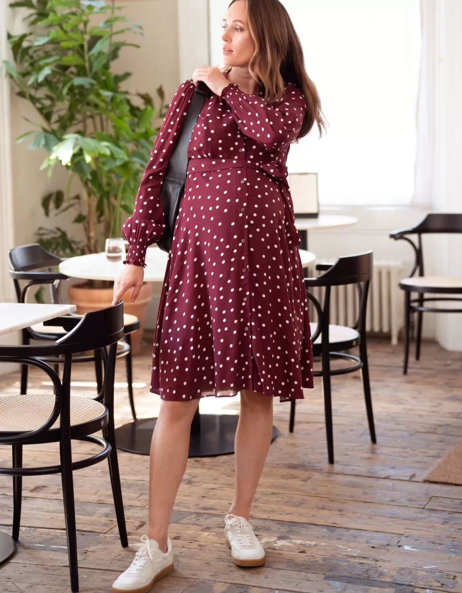 Online Seraphine Vestido Camisero Premama Y De Lactancia Con Lunares En Color Burdeos