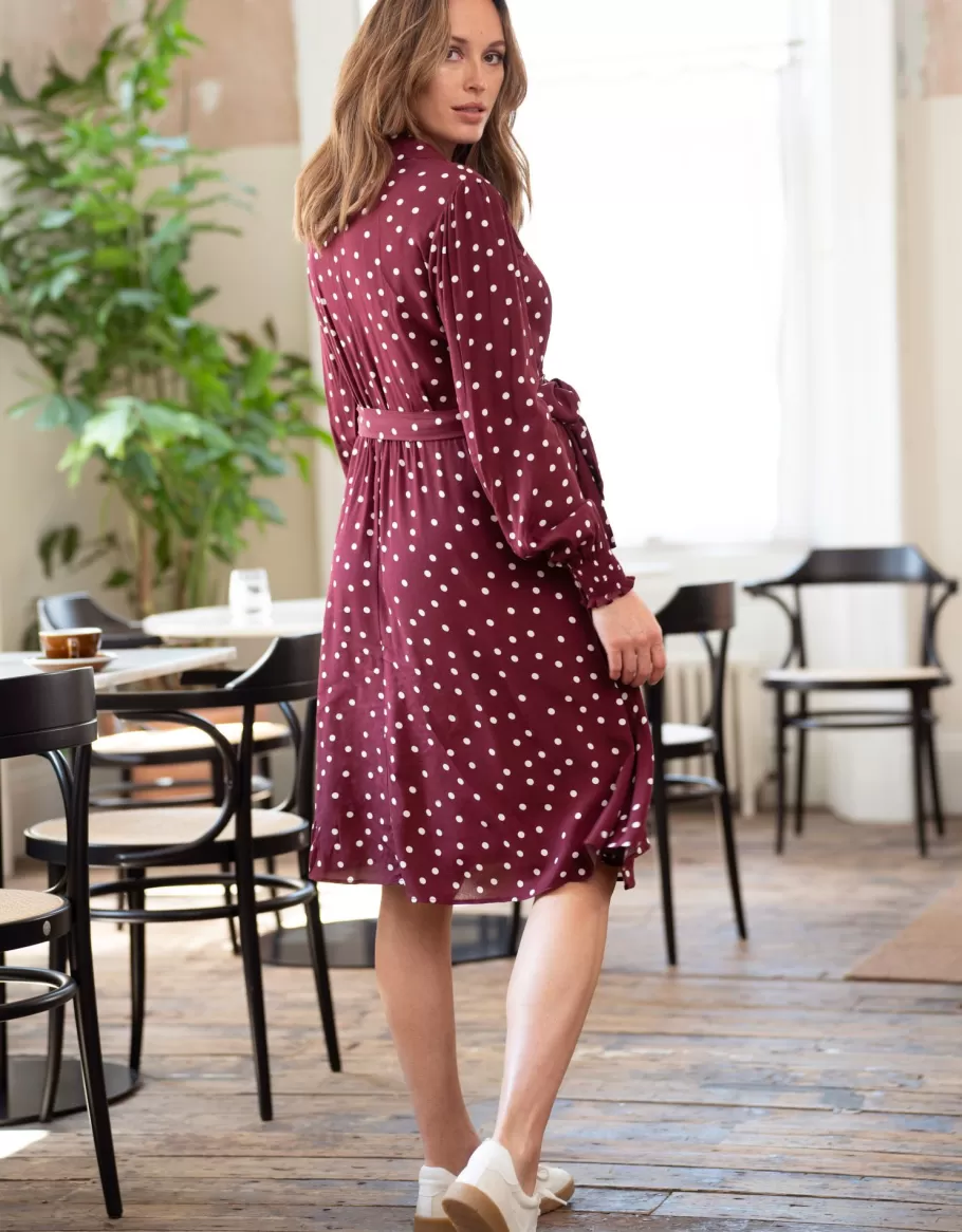 Online Seraphine Vestido Camisero Premama Y De Lactancia Con Lunares En Color Burdeos