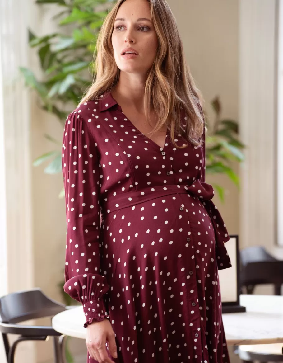 Online Seraphine Vestido Camisero Premama Y De Lactancia Con Lunares En Color Burdeos