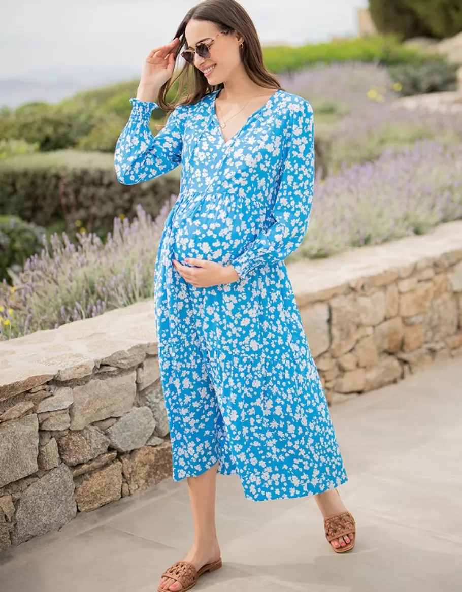Shop Seraphine Vestido Premama A Lactancia A Media Pierna Bohemio Floral Azul Y Blanco
