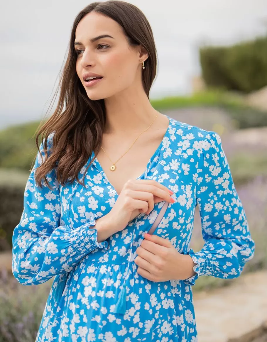 Shop Seraphine Vestido Premama A Lactancia A Media Pierna Bohemio Floral Azul Y Blanco