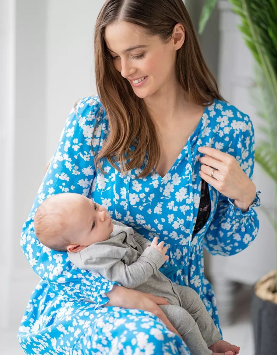 Shop Seraphine Vestido Premama A Lactancia A Media Pierna Bohemio Floral Azul Y Blanco