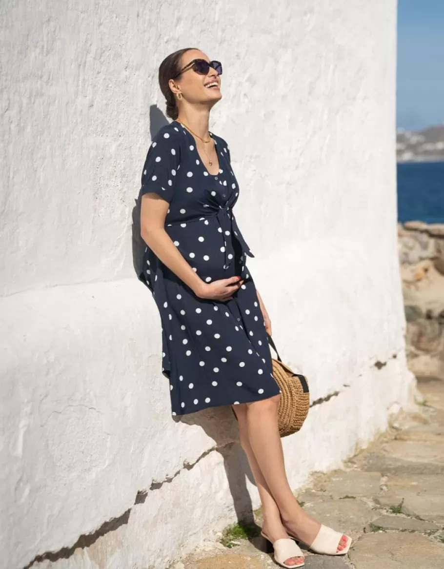 Hot Seraphine Vestido Premama A Lactancia Con Estampado De Lunares En Azul Marino Y Blanco