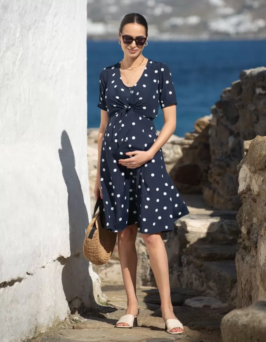 Hot Seraphine Vestido Premama A Lactancia Con Estampado De Lunares En Azul Marino Y Blanco