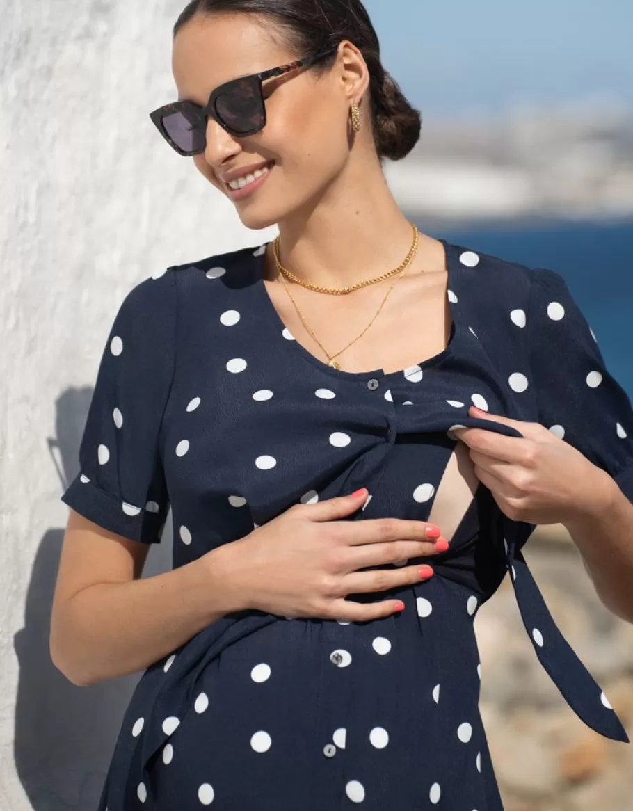 Hot Seraphine Vestido Premama A Lactancia Con Estampado De Lunares En Azul Marino Y Blanco