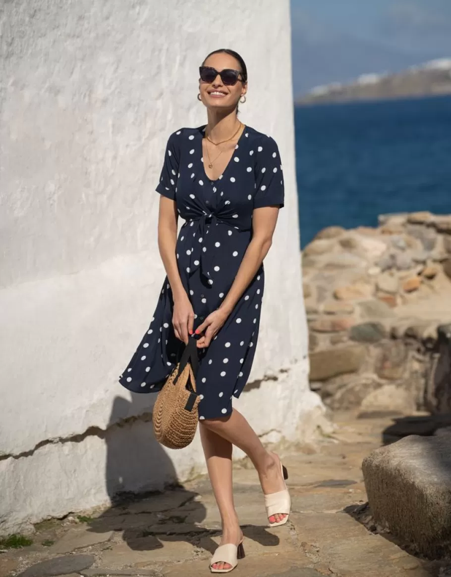 Hot Seraphine Vestido Premama A Lactancia Con Estampado De Lunares En Azul Marino Y Blanco