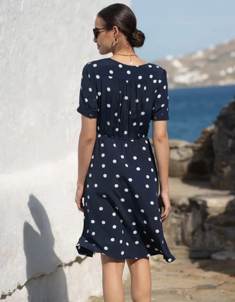 Hot Seraphine Vestido Premama A Lactancia Con Estampado De Lunares En Azul Marino Y Blanco