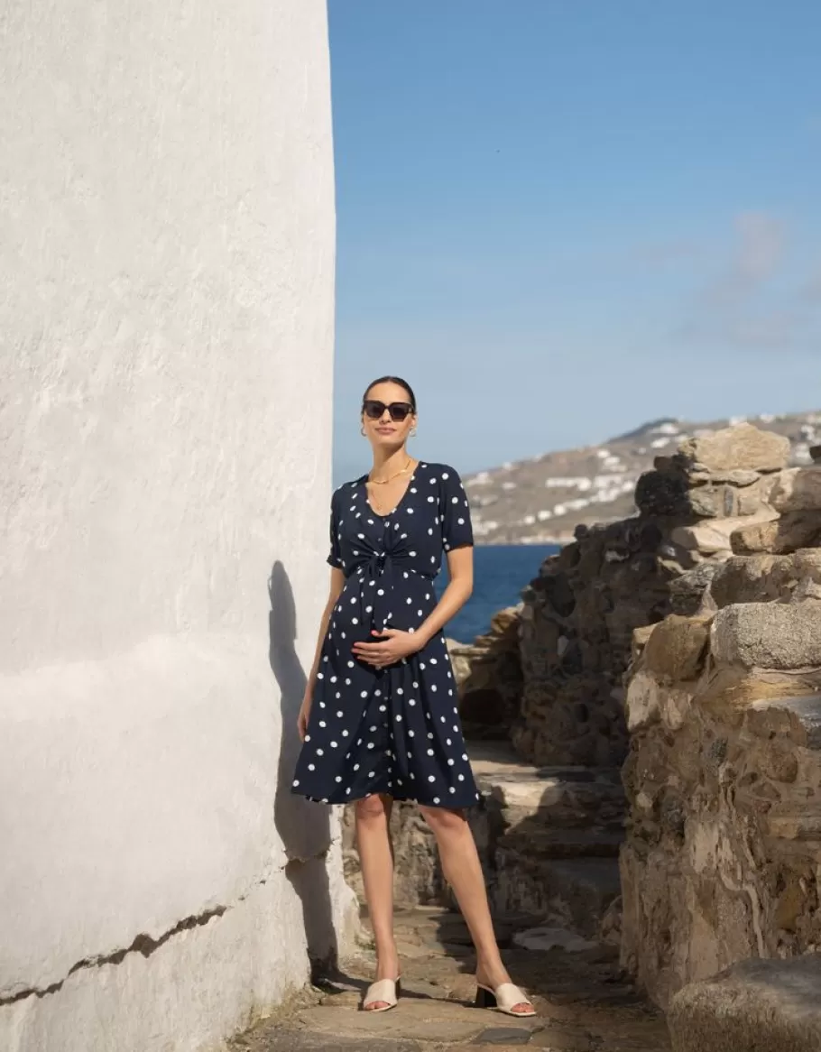 Hot Seraphine Vestido Premama A Lactancia Con Estampado De Lunares En Azul Marino Y Blanco