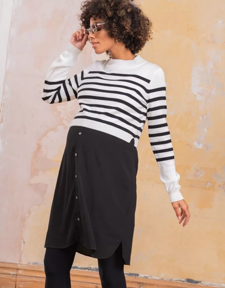 Clearance Seraphine Vestido Premama Y De Lactancia En Color Negro Con Jersey De Rayas Marineras