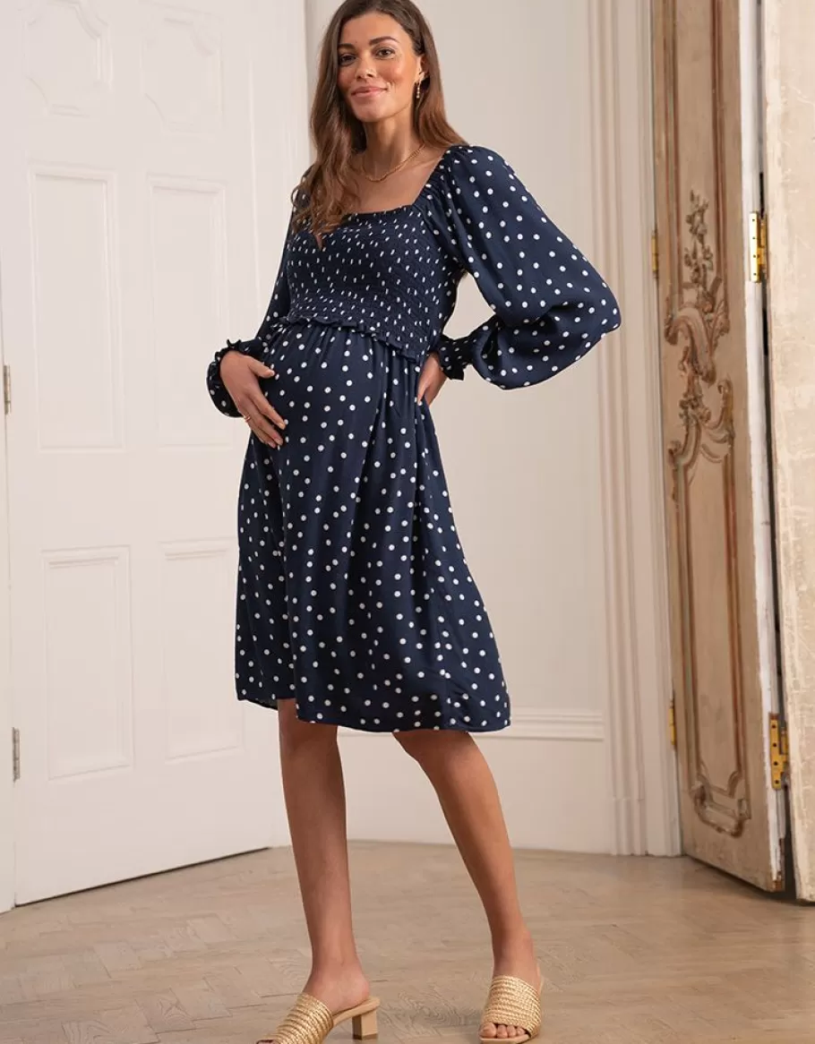Sale Seraphine Vestido Premama Y De Lactancia Fruncido Con Lunares En Color Azul Marino
